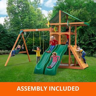 Professionally Assembled Outing III Kids Wooden Outdoor Playground Set with Vinyl Roof, 2 Slides, Sandbox, and Swing Set | The Home Depot