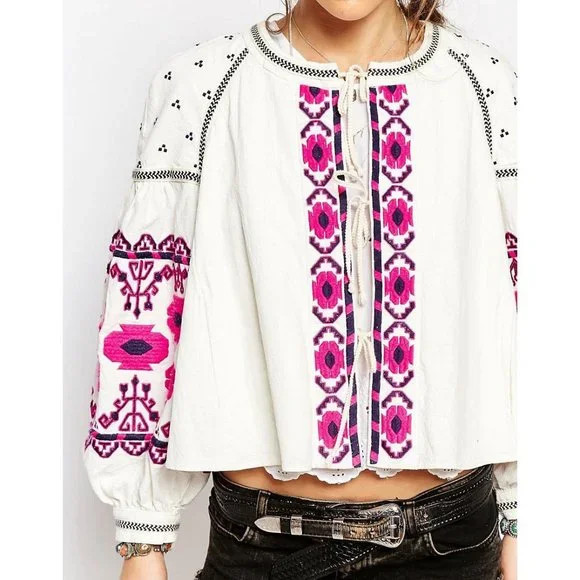 NEW Free People embroidered swingy jacket coat aztec boho linen cropped size S | Poshmark