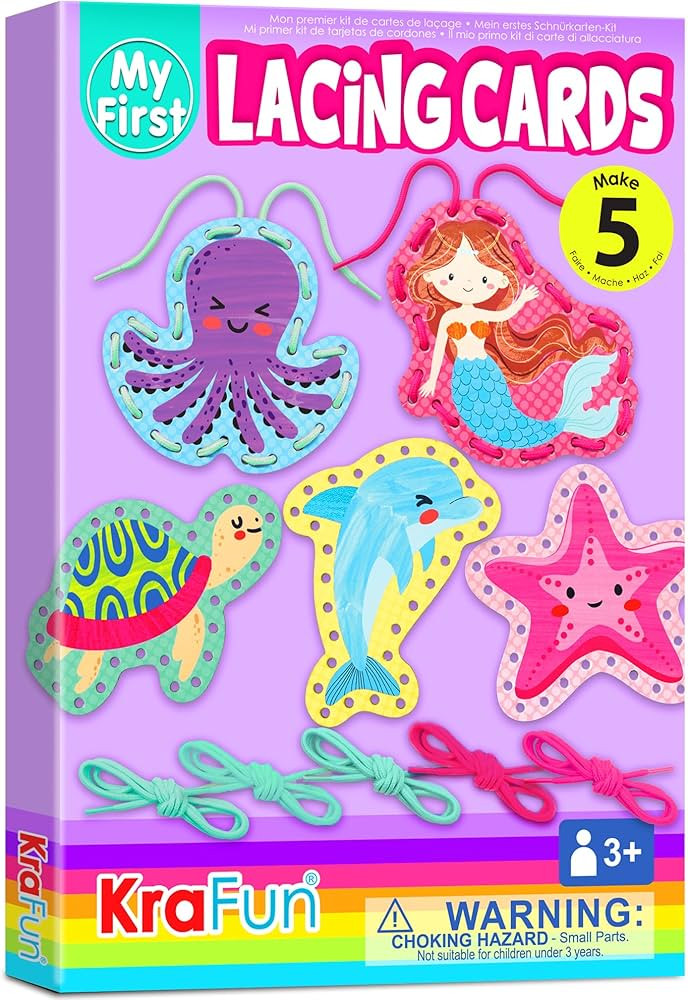 KRAFUN Beginner Mermaid Lacing Card Kit for Kids Arts & Crafts, 5 Easy Mermaid, Animal Lacing Pro... | Amazon (US)