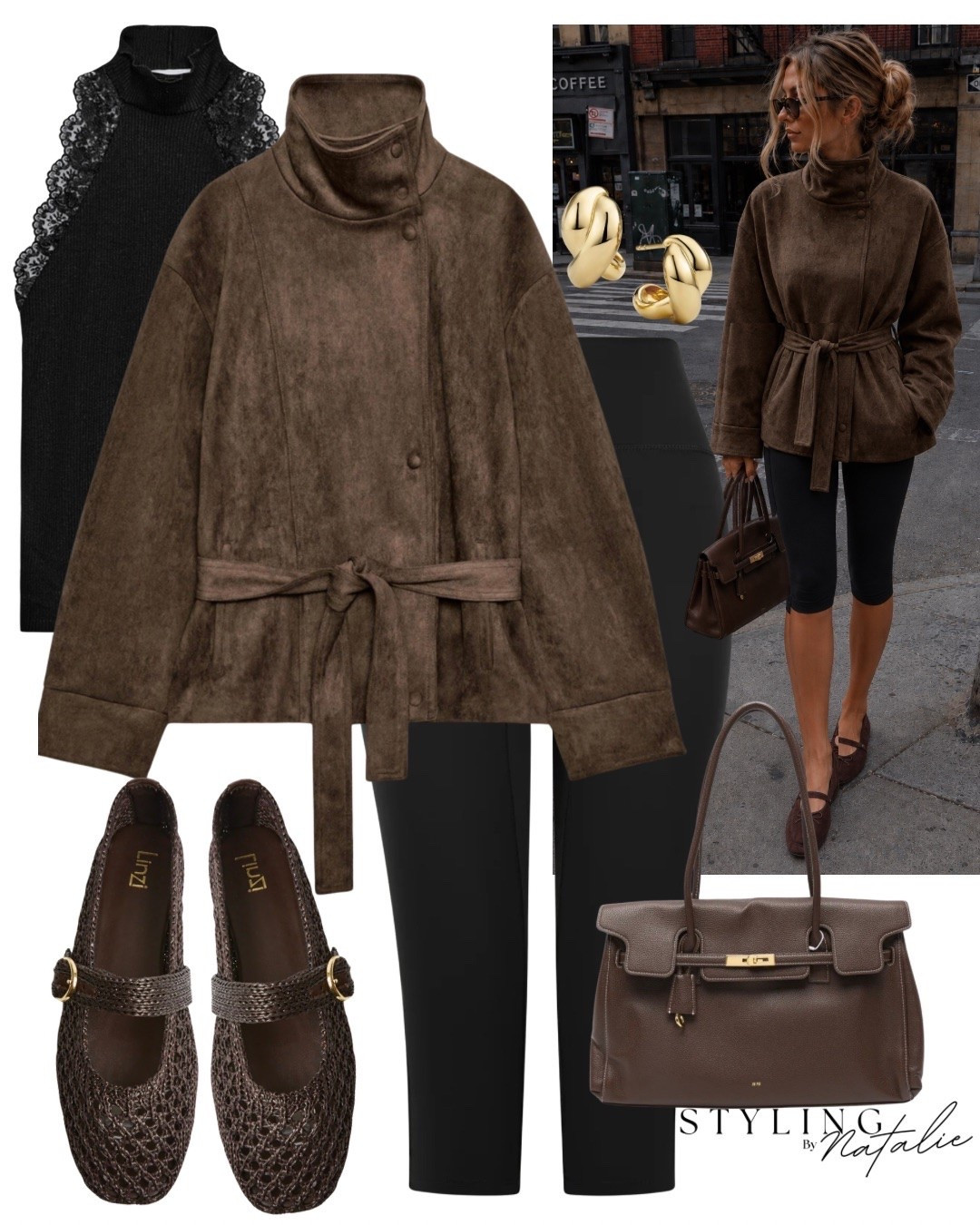 Brown suede belted jacket with funnel neck, black capri leggings, woven ballet flats Mary Jane’s. Frill detail black high neck top, brown bag and gold earrings.
City style, transitional style, autumn look, fall fashion, Zara style, cool girl, elevated casual. @linzi @Mejuri

#LTKuk #LTKFashionMonth #LTKautumn