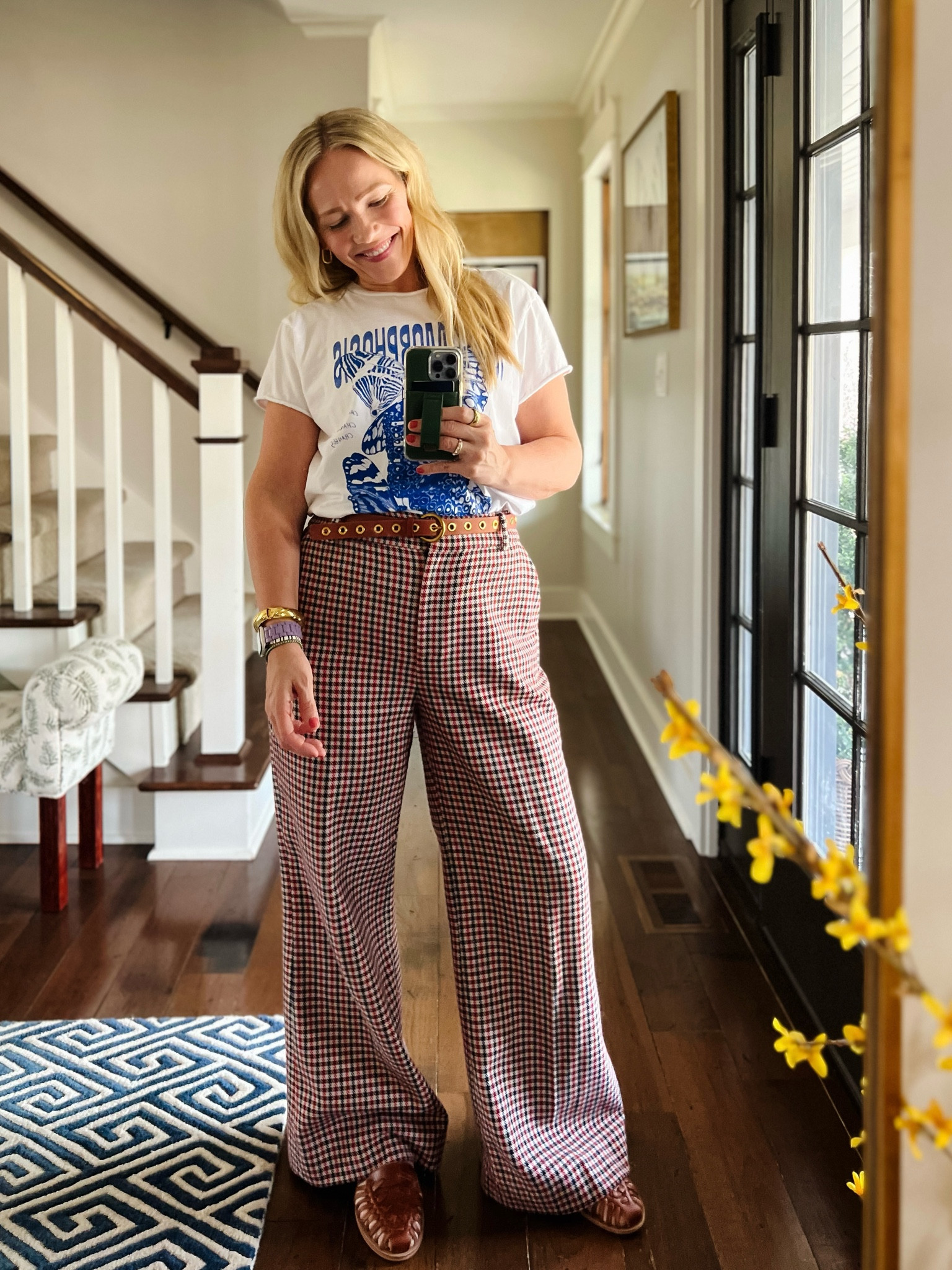 Outfit of the day idea - plaid pants, mother tee, Boden belt, nisolo sandals, Amazon gold earrings, cuff bracelet layers 
❤️ CLAIRE LATELY 

Casual weekend work from home 

#LTKshoecrush #LTKworkwear #LTKstyletip