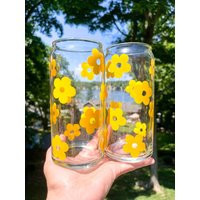 Retro Daisies Can Glass | Iced Coffee Cup| Personalized Birthday Gift | Etsy (US)