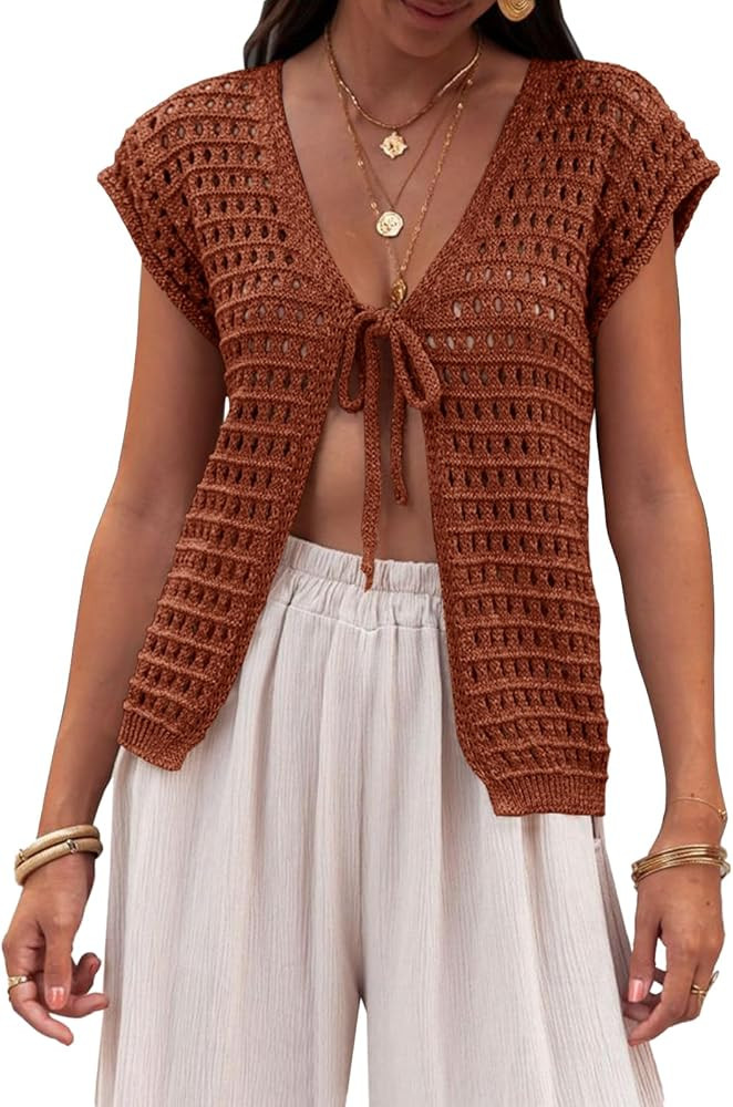 Saodimallsu Womens Tie Crochet Shrug Short Sleeve Open Front Lightweight Knit Cropped Cardigan Sw... | Amazon (US)