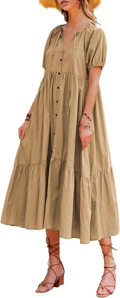 Amkoyam Women's Summer Casual Puff Short Sleeve Tie Neck Ruffle Loose Maxi Dress High Waist Plain... | Amazon (US)