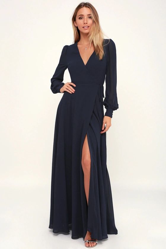 My Whole Heart Dark Navy Blue Long Sleeve Wrap Dress | Lulus (US)