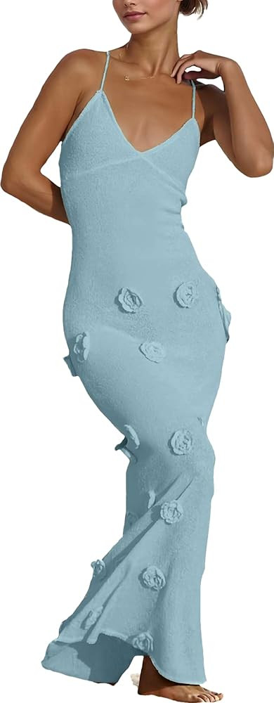 RanRui 3D Flower Maxi Dress Sexy Backless Dresses Long‘ Sleeve Off The Shoulder Bodycon Knit Dr... | Amazon (US)