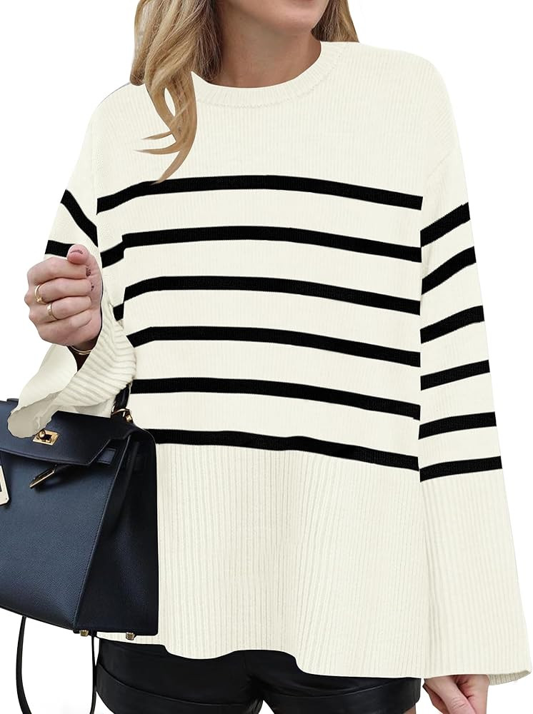 ZESICA Women's 2024 Fall Winter Striped Sweaters Long Sleeve Crew Neck Ribbed Knit Side Slit Over... | Amazon (US)