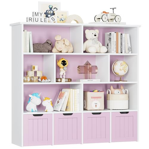 FINETONES Toy Storage Organizer, Large Toy Organizers and Storage with 4 Movable Drawers and 7 Storage Cubbies, Toy Chest Shelf Organizer with Hidden Wheels, Kids Bookshelf and Toy Storage, Pink | Amazon (US)