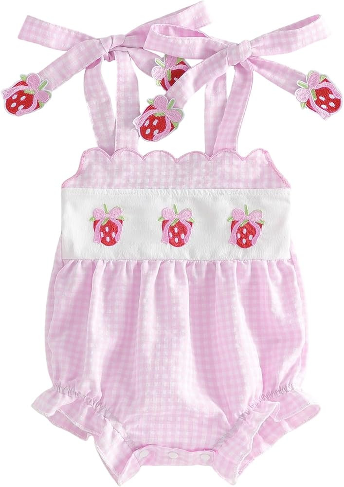 Cute Baby Girl Summer Clothes Strawberry Bow Bubble Romper Sleeveless Slip Onesie Plaid Bodysuit ... | Amazon (US)