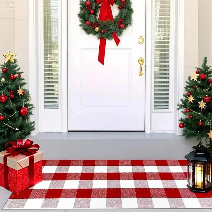 USTIDE Cotton Buffalo Plaid Rug Red&White Check Rugs 23.6"X51" Hand-Woven Indoor or Outdoor Rugs ... | Amazon (US)
