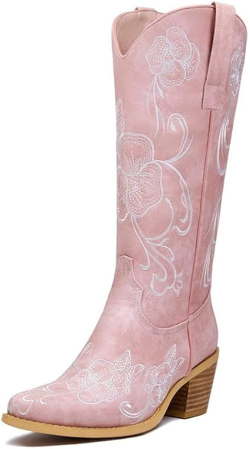 GOSERCE Cowboy Boots for Women Cowgirl Mid Calf Boots Floral Embroidery Pointed Toe Chunky Heel 2... | Amazon (US)