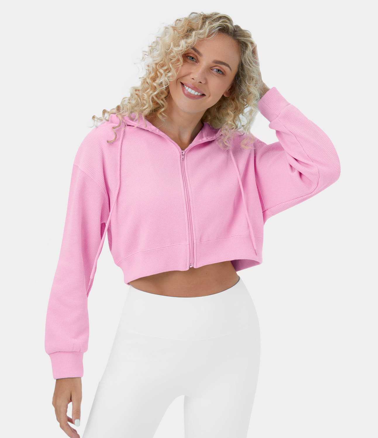 Women's Waffle Hooded Drawstring Zipper Cropped Casual Sports Sweatshirt - HALARA | HALARA