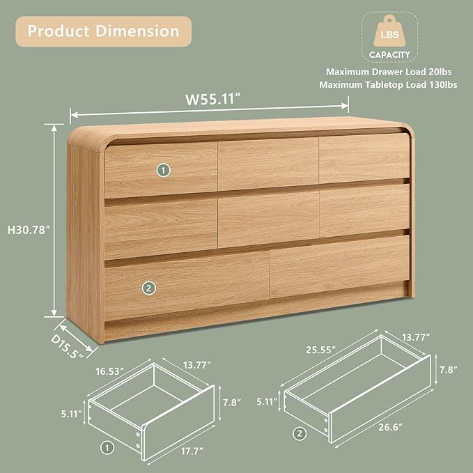 Modern 8 Drawers Dresser for Bedroom, 55" Wide Dressers & Chest of Drawers w/Curved Profile Desig... | Amazon (US)
