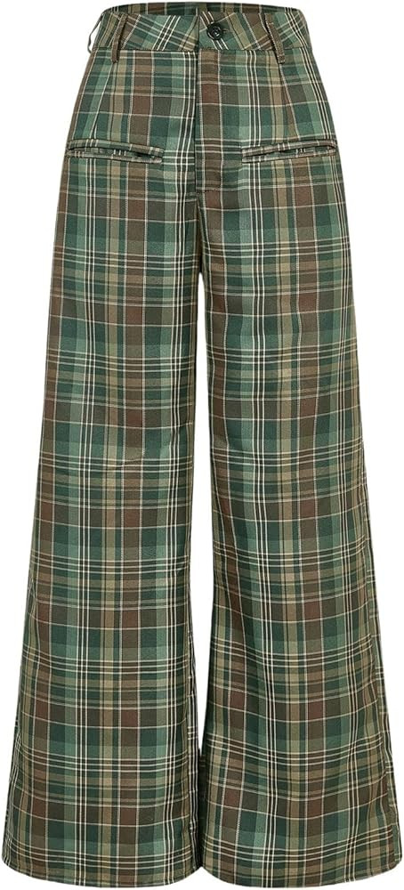 WDIRARA Women's Plaid Wide Leg Pants Casual High Waist Long Pants Trousers | Amazon (US)