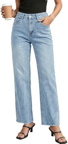 GRAPENT Straight Leg Jeans for Women High Waisted Stretchy Frayed Raw Hem Loose Denim Pants Casua... | Amazon (US)