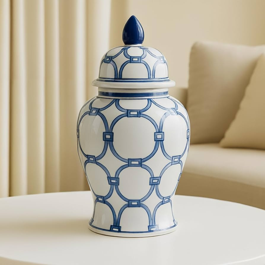 Chain Link Ginger Jar with Lid – Hand-Painted Stoneware Ceramic Decorative Vase for Home Decor ... | Amazon (US)
