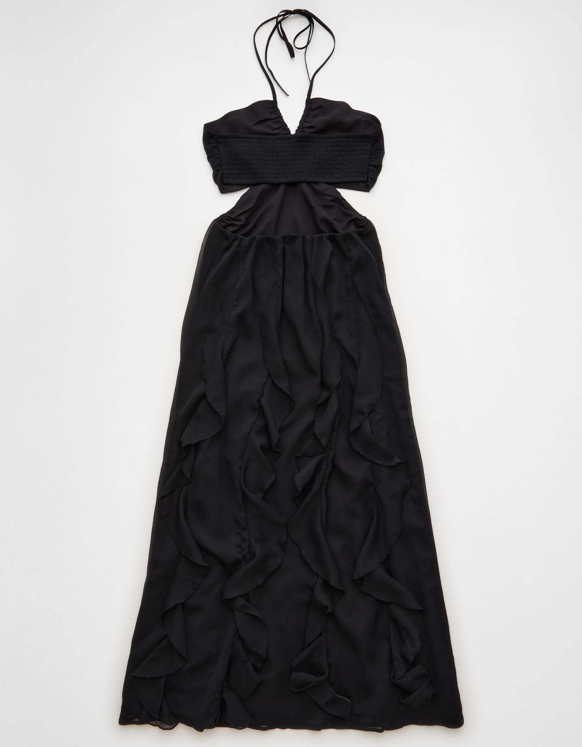 AE Ruched & Ruffled Halter Maxi Dress | American Eagle Outfitters (US & CA)