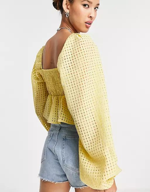 Only puff sleeve cropped blouse in yellow check | ASOS (Global)