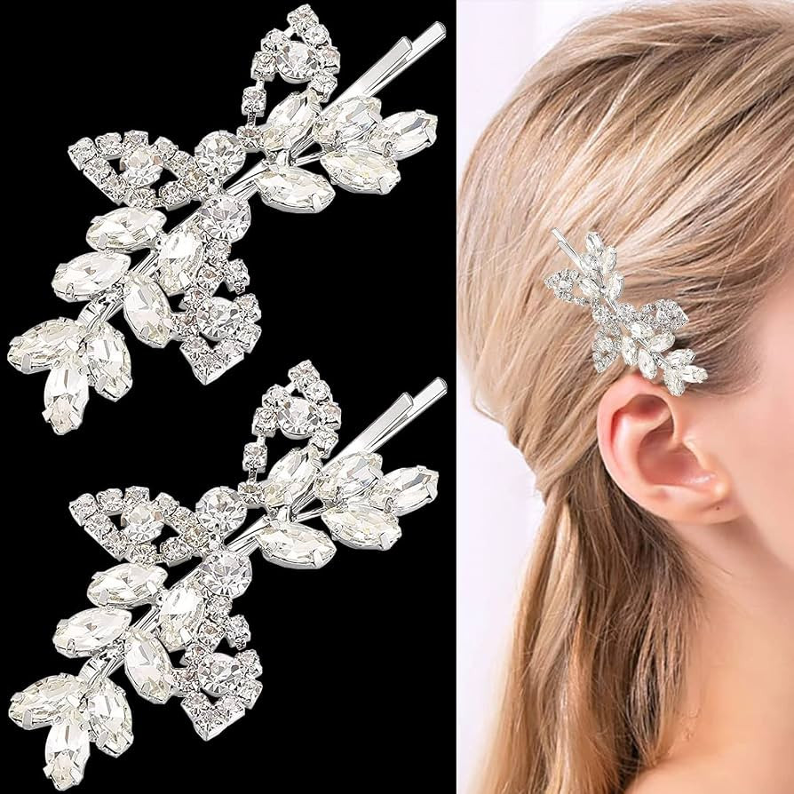 2 Pieces Rhinestone Bridal Hair Clips Leaf Bridal Wedding Hair Pins Crystal Hair Clips Silver Rhi... | Amazon (US)