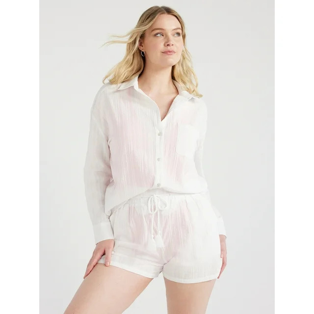 Time and Tru Women's and Women's Plus Cotton Button Front Coverup Shirt, Sizes XS-3X | Walmart (US)