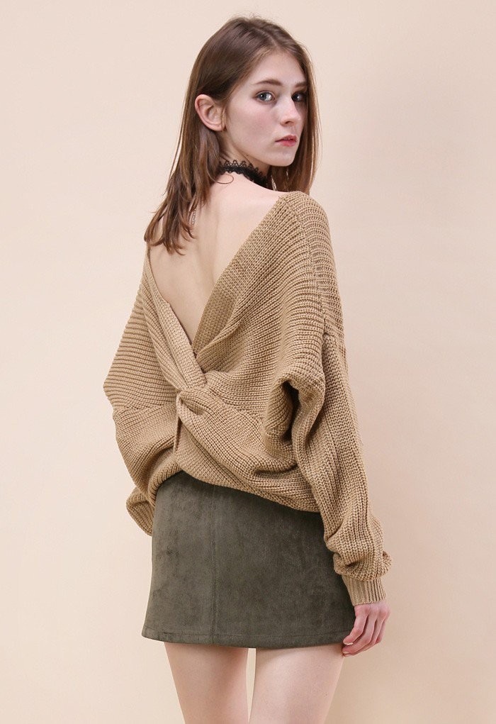 Nifty Twist Sweater in Light Tan | Chicwish