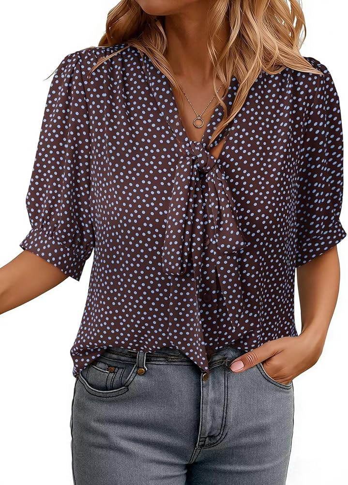Dokotoo Blouses for Women Dressy Casual Short Sleeve Shirts Bow Tie Neck Work Tops Business Casua... | Amazon (US)