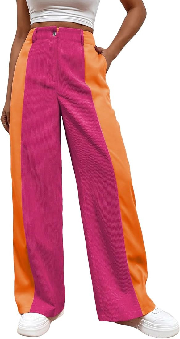WDIRARA Women's High Waisted Color Block Straight Leg Casual Loose Pants with Pocket | Amazon (US)