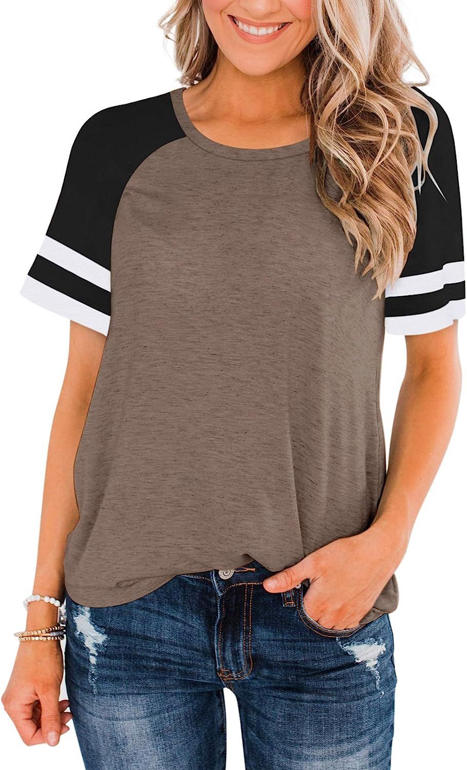 LASLULU Womens Short Sleeve Shirts Crew Neck Color Block Workout Top Casual Tunic Tops Athletic T... | Amazon (US)