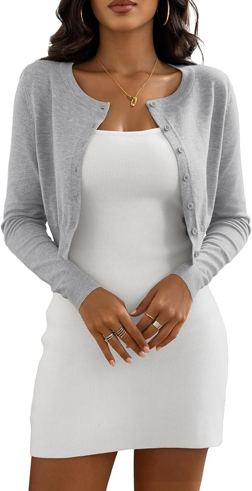 Women's Cropped Cardigan Sweaters Crew Neck Button Down Open Front Knit Bolero Shrugs | Amazon (US)