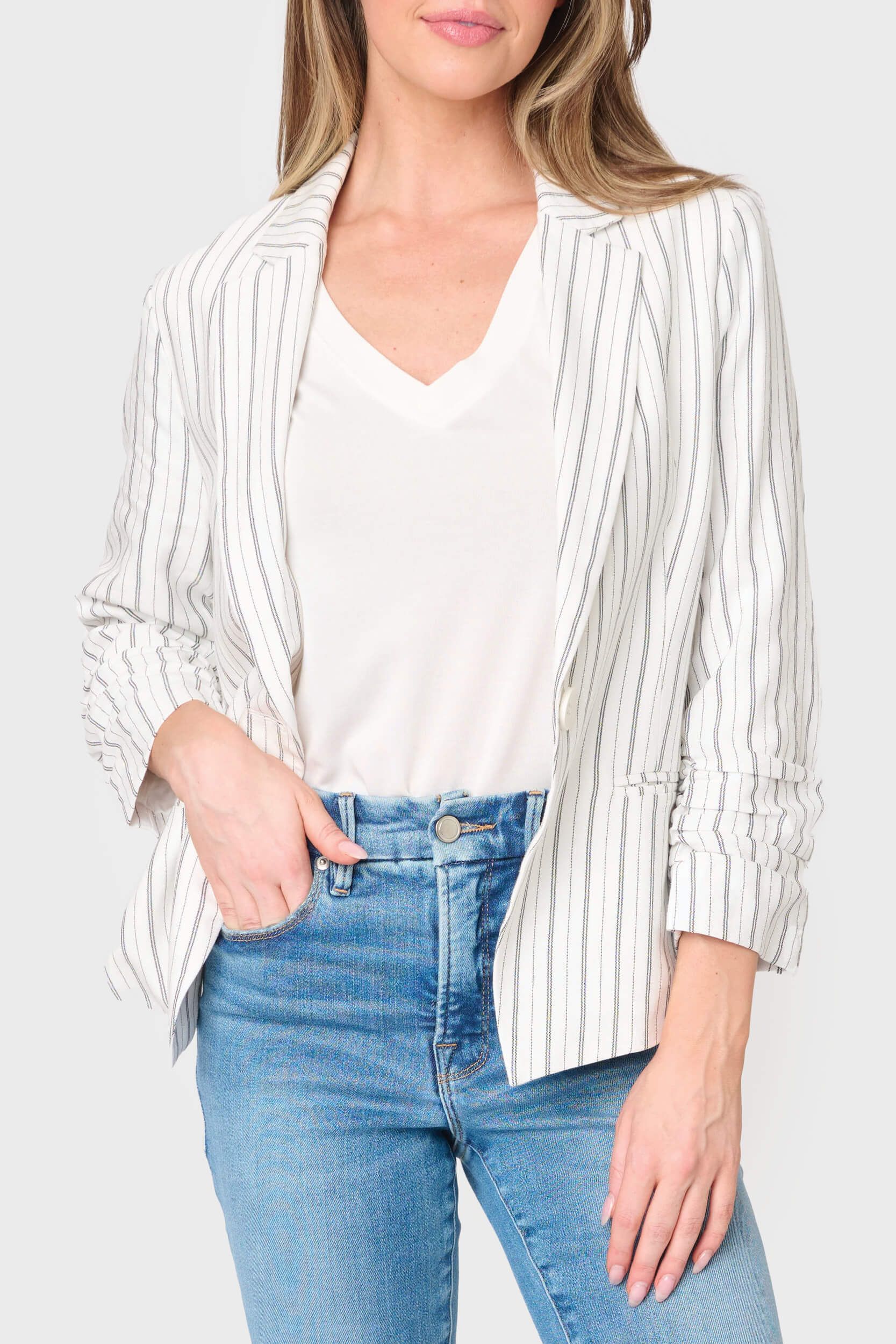 Notch Collar Pinstripe Linen Blazer with Rouched Sleeve | Gibson