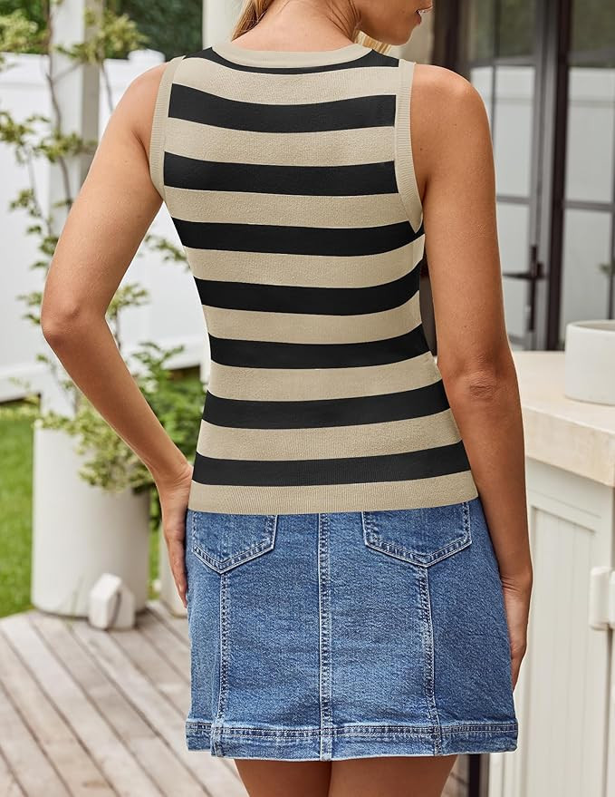 ZESICA Women's Summer Knit Striped Tank Tops Trendy Crewneck Sleeveless Shirts | Amazon (US)