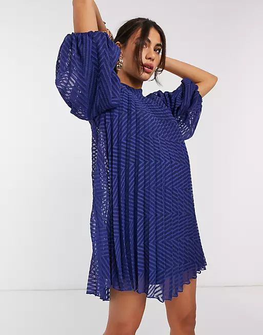 ASOS DESIGN pleated trapeze mini dress with puff sleeves in dobby in navy | ASOS (Global)