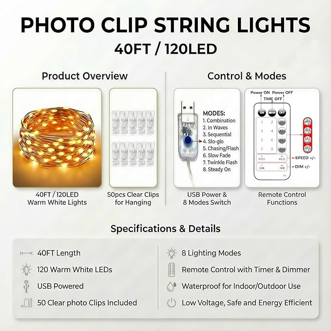 Teen Girl Gifts Trendy Stuff: Aesthetic 40Ft 120LED Hanging Picture Fairy Lights with 50 Clips - ... | Amazon (US)