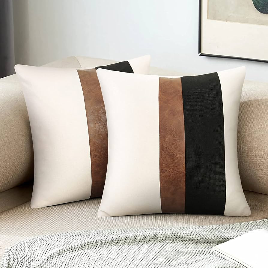 Merrycolor Faux Leather and Linen Throw Pillow Covers Black and White Pillows Decorative Throw Pi... | Amazon (US)