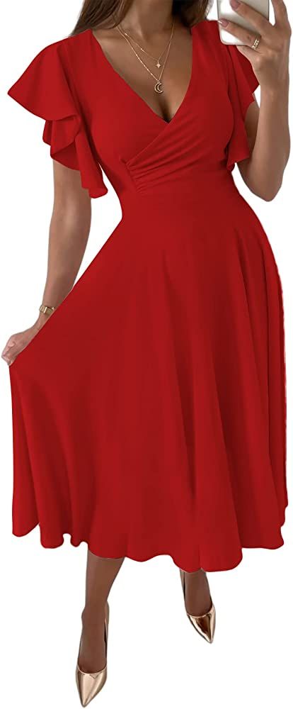 LYANER Women's Deep V Neck Ruffle Short Sleeve Wrap Swing A Line Flared Cocktail Party Midi Dress... | Amazon (US)