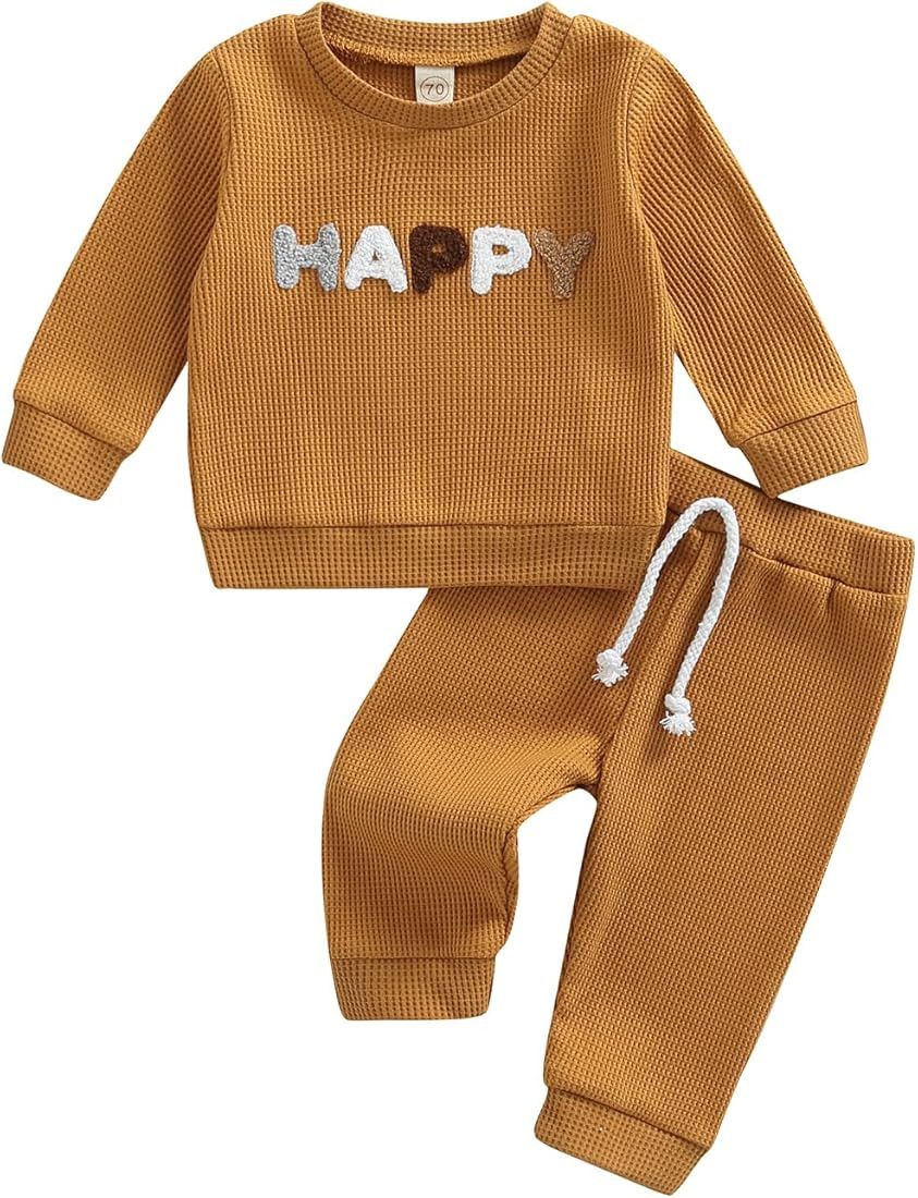 Toddler Baby Boy Girl Clothes Outfits Ribbed Long Sleeve Pullover Sweatshirts Tops Pants Solid 2PCS  | Amazon (US)