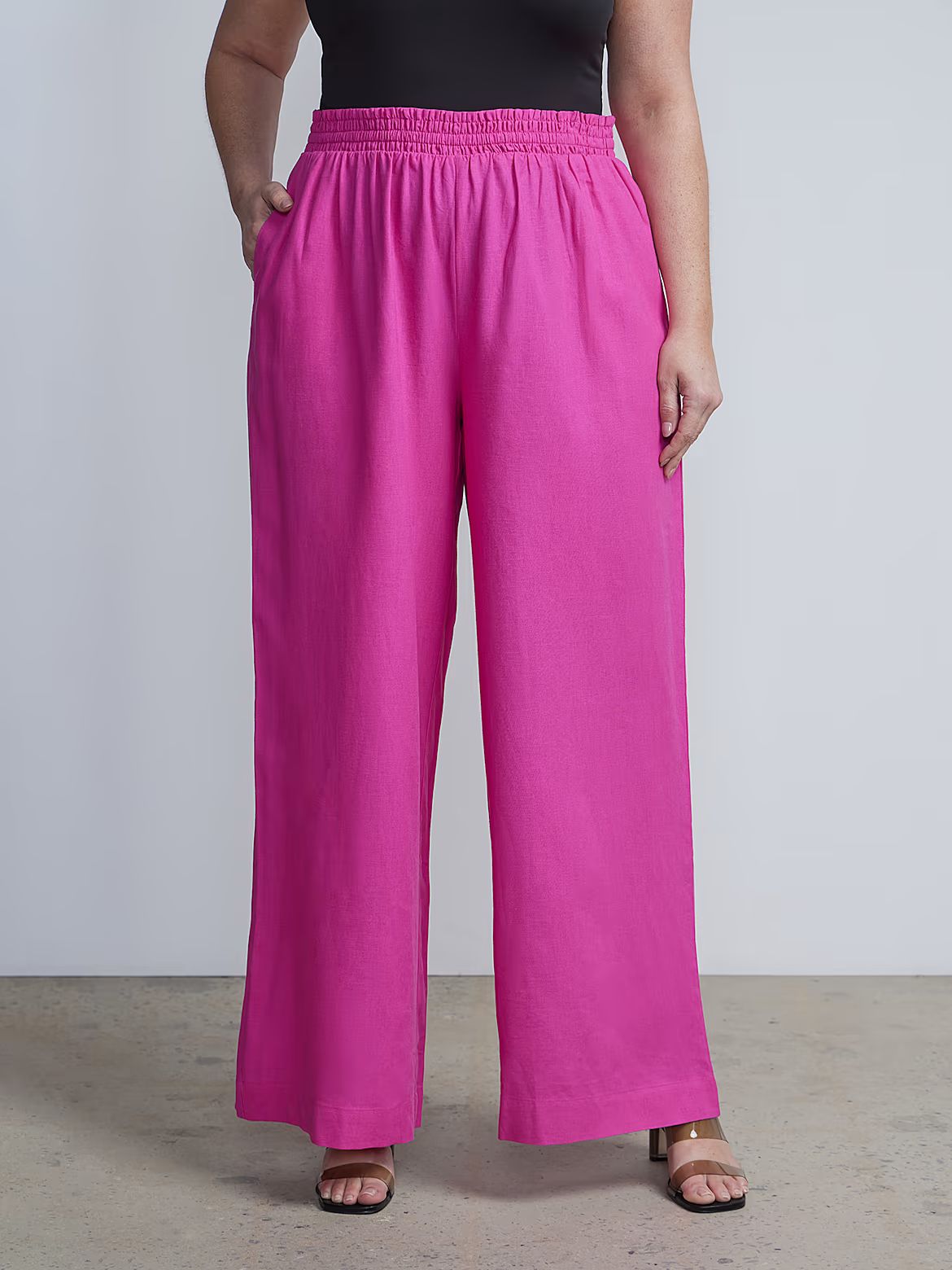 plus linen-blend smocked-waist wide-leg pant | New York & Company