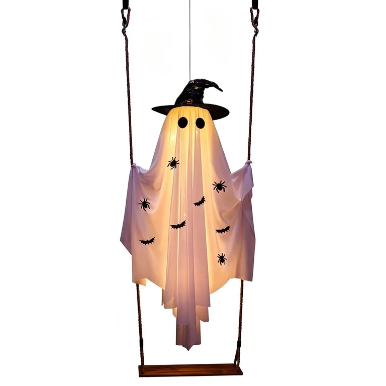 Halloween Ghost Decorations Outdoor, 4.9FT Hanging Swing Ghost with Witch Hat LED Lights & Remote... | Walmart (US)