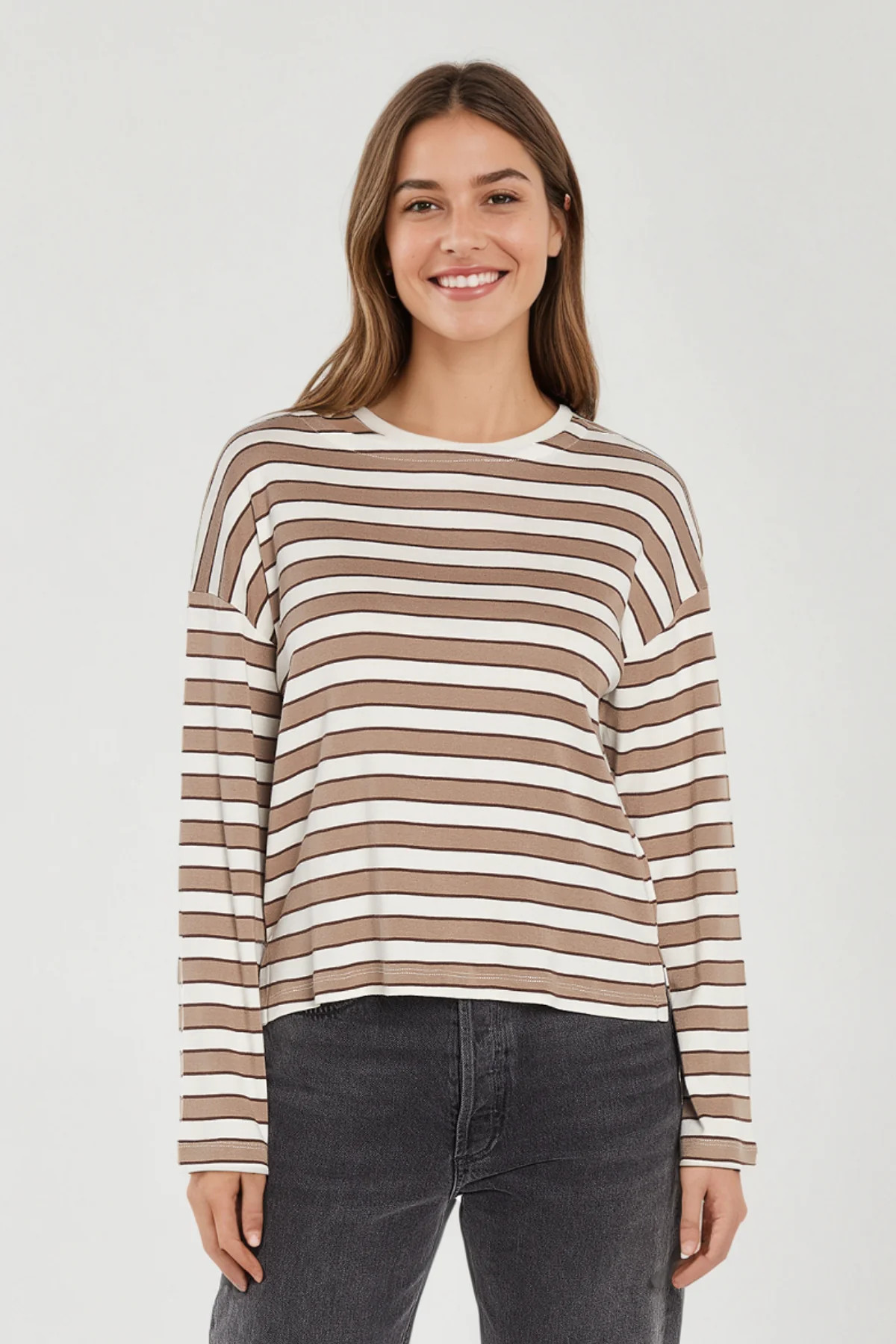 Rumi Long Sleeve Tee | Egret Taupe Chicory Coffee Stripe | Three Dots