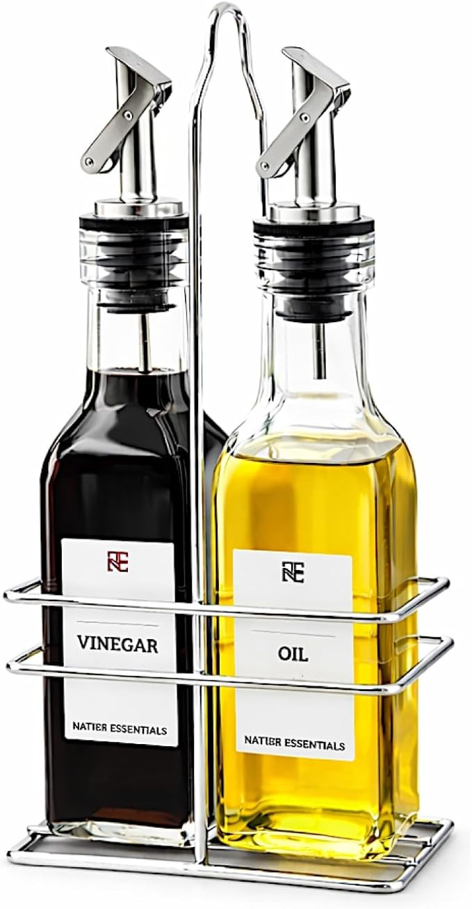 6 Oz Oil and Vinegar Bottle Cruet Set with Wire Caddy – 2 Pack Glass Dispenser Bottles (Stainle... | Amazon (US)