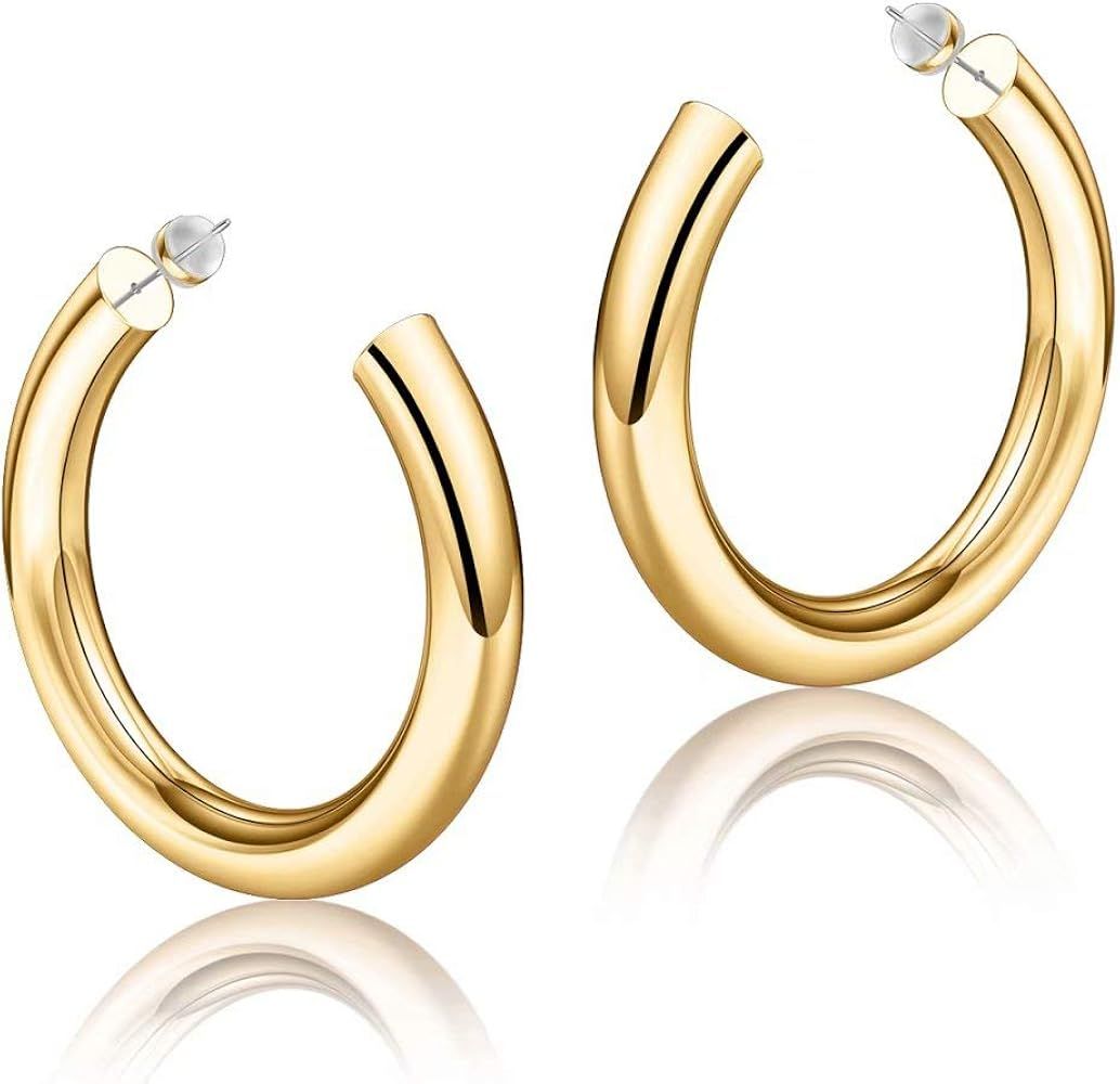 Hoop Earrings for Women - 14K Gold Plated Lightweight Chunky Open Hoops 316L Surgical Stainless S... | Amazon (US)