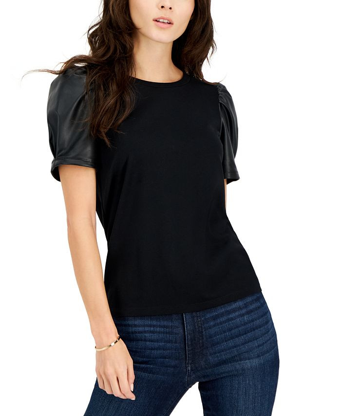 Nine West Women's Faux-Leather Short-Sleeve Top  & Reviews - Tops - Women - Macy's | Macys (US)