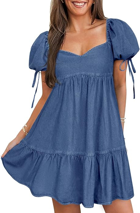 POTILI Denim Dress for Women Puff Short Sleeve Jean Dresses Sweetheart Neck Denim Mini Dress | Amazon (US)