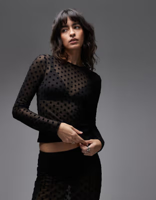 ASOS DESIGN sheer mesh long sleeve top in black polka dot print | ASOS (Global)