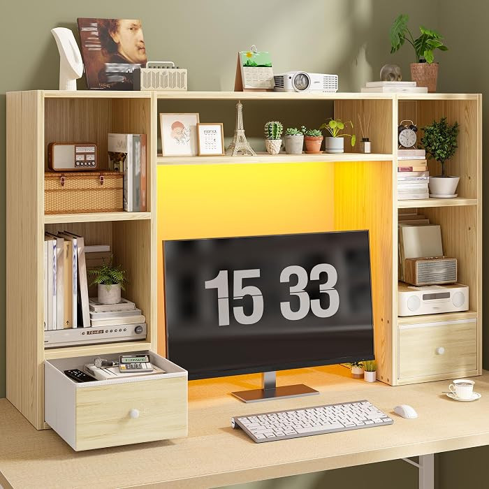 REIBII 47.2" Desktop Bookshelf, 6 Shelves & 2 Drawers, LED Lights, Natural | Amazon (US)