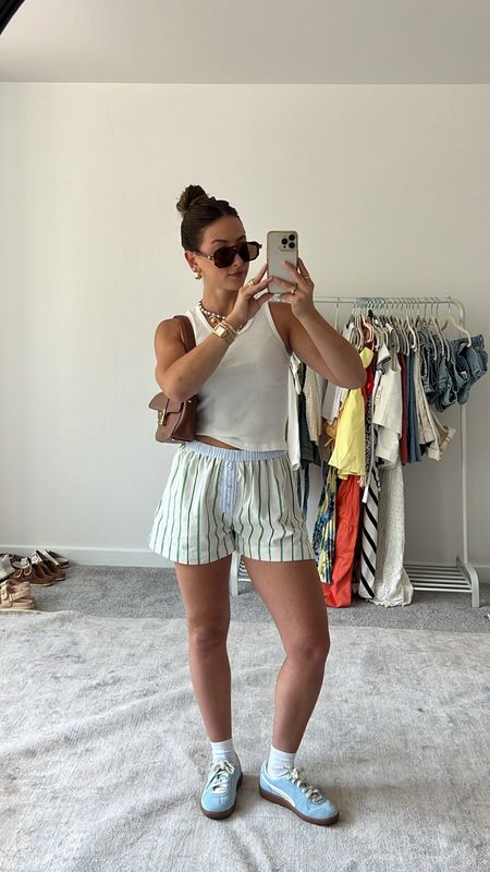 6/15/24 Boxer shorts outfit details 🫶🏼 Summer outfits, summer fashion, summer outfit inspo, boxer shorts, boxer shorts outfit, casual summer outfits, casual summer fashion, blue sneakers, puma sneakers

