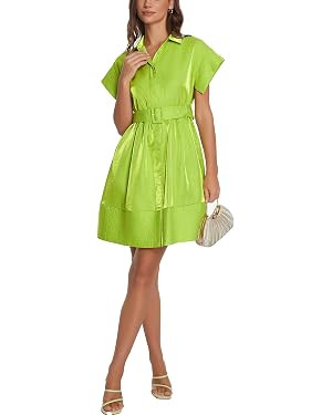 D-Sun Women Casual Button Down Shirt Dress V-Neck Short Sleeves Mini Shirt Dress Belted Short Par... | Amazon (US)