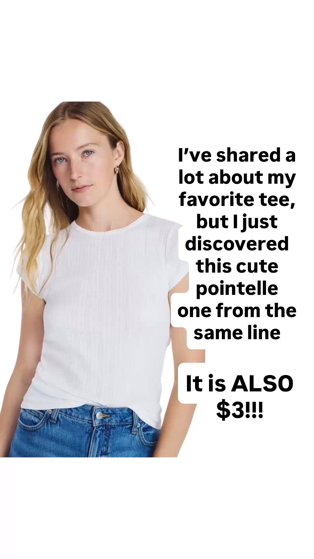 I’ve shared my favorite $3 tee a million times in the past few weeks, but I just discovered this cute pointelle one - from the same line. It is also $3!!!

#LTKSaleAlert #LTKxWalmart