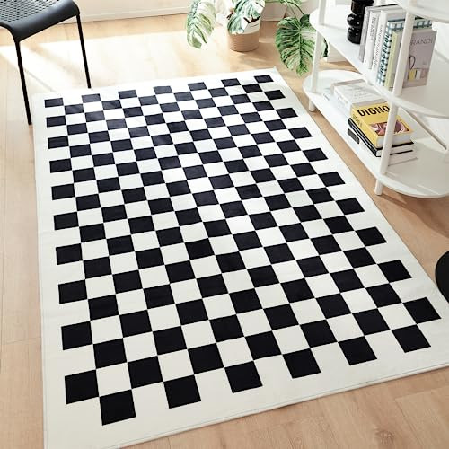 TRUEDAYS Washable Rug for Home Decor 4x6 Black and White Checkered Rug Square Soft Area Rug with Non-Slip Low Pile Checkered Rug Floor Cover Indoor Carpet for Living Room/Dining Room/Bedroom | Amazon (US)