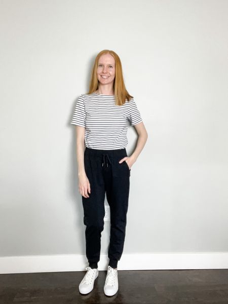 Wearing size XS in joggers. Jogger pants outfit, black jogger pants with striped shirt and white sneakers. Travel outfit, outfit for traveling, joggers outfit, outfit ideas, summer fashion, spring fashion, casual outfit ideas  

#LTKstyletip #LTKtravel #LTKfit
